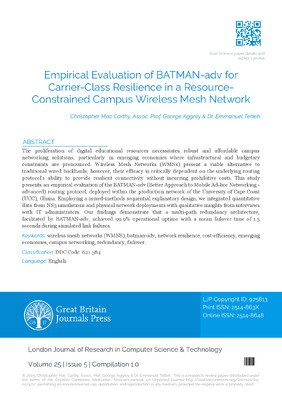 Empirical Evaluation of BATMAN-adv for Carrier-Class Resilience in a Resource-Constrained Campus Wireless Mesh Network