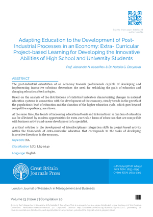 Adapting Education to the Development of Post-Industrial Processes in an Economy: Extra-Curricular Project-based Learning for Developing the Innovative Abilities of High School and University Students