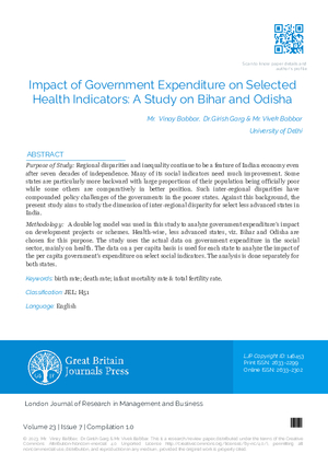 Impact of Government Expenditure on Selected Health Indicators: A Study on Bihar and Odisha