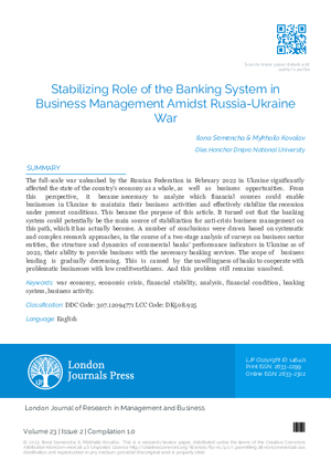 Stabilizing Role of the Banking System in Business Management Amidst Russia-Ukraine War