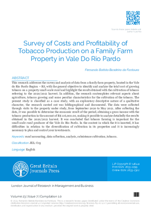 Survey of Costs and Profitability of Tobacco Production on a Family Farm Property in Vale Do Rio Pardo