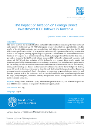 The Impact of Taxation on Foreign Direct Investment (FDI) Inflows in Tanzania