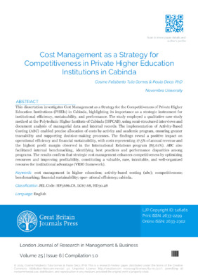 Cost Management as A Strategy for Competitiveness in Private Higher Education Institutions in Cabinda