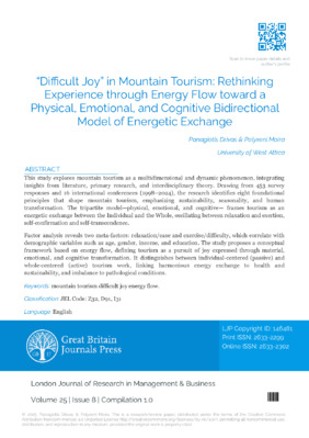 “Difficult Joy” in Mountain Tourism: Rethinking Experience through Energy Flow toward a Physical, Emotional, and Cognitive Bidirectional Model of Energetic Exchange