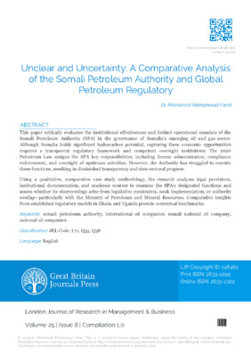Unclear and Uncertainty: A comparative Analysis of the Somali Petroleum Authority and Global Petroleum Regulatory