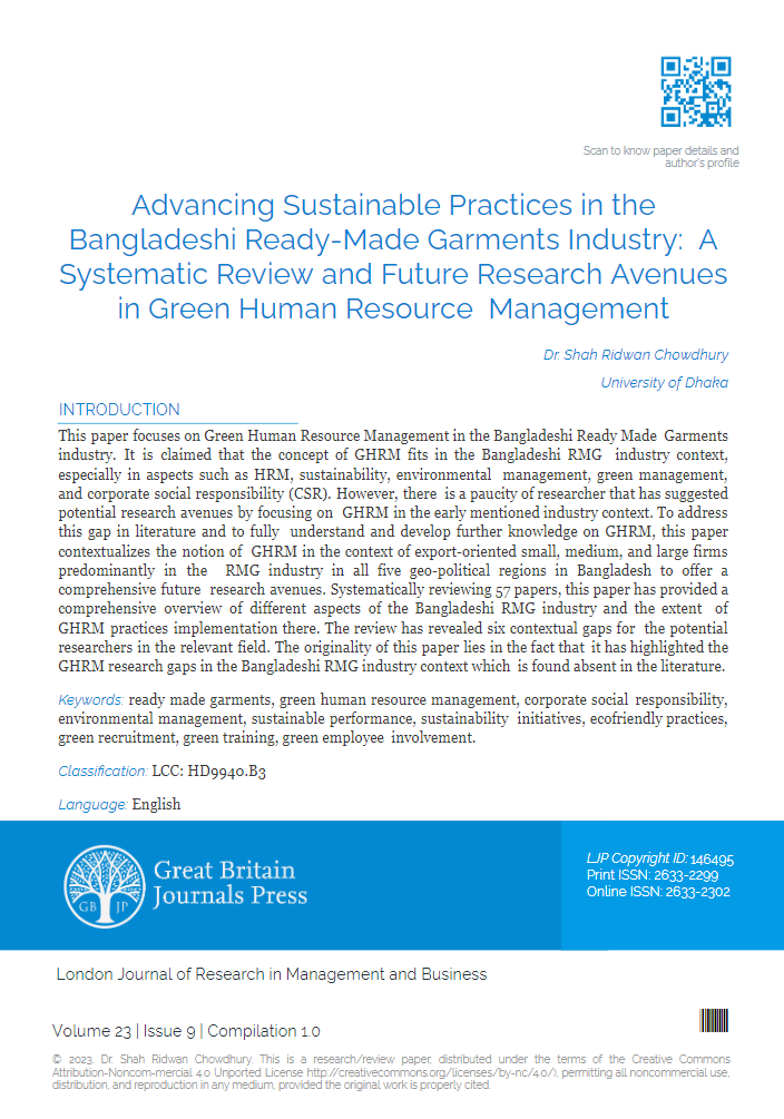 Advancing Sustainable Practices in the Bangladeshi Ready-Made Garments Industry:  A Systematic Review and Future Research Avenues in Green Human Resource  Management
