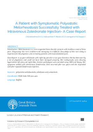 A Patient with Symptomatic Polyostotic Melorheostosis Successfully Treated with Intravenous Zoledronate Injection- A Case Report