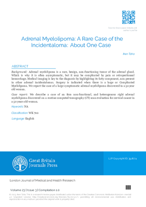 Adrenal Myelolipoma: A Rare Case of the Incidentaloma: About one Case