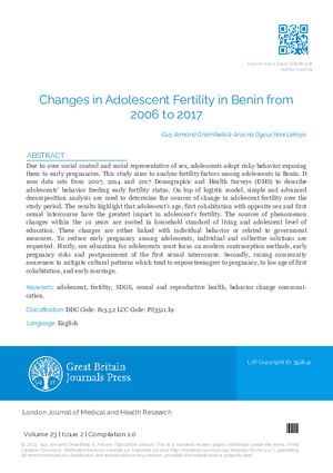 Changes in Adolescent Fertility in Benin From 2006 to 2017