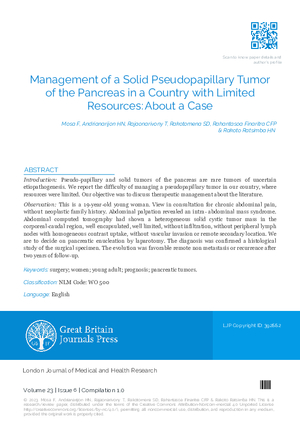 Management of a Solid Pseudopapillary Tumor of the Pancreas in a Country with Limited Resources: About a Case