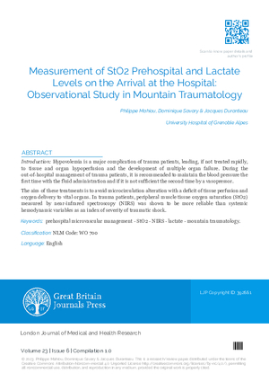 Measurement of StO2 Prehospital and Lactate Levels on the Arrival at the Hospital: Observational Study in Mountain Traumatology