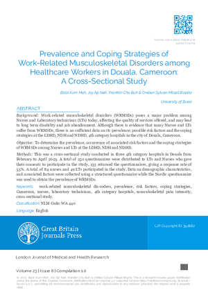 Prevalence and Coping Strategies of Work-Related Musculoskeletal Disorders among Healthcare Workers in Douala Cameroon: A Cross-Sectional Study