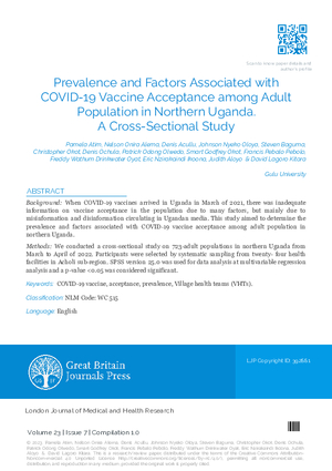 Prevalence and Factors Associated with COVID-19 Vaccine Acceptance among Adult Population in Northern Uganda. A Cross-Sectional Study