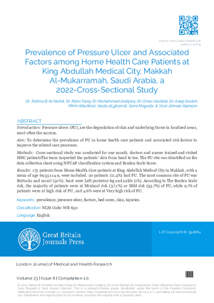 Prevalence of Pressure Ulcer and Associated Factors among Home Health Care Patients at King Abdullah Medical City, Makkah Al-Mukarramah, Saudi Arabia, 2022 a Cross Sectional Study