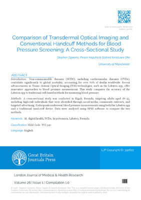 Comparison of Transdermal Optical Imaging and Conventional Handcuff Methods for Blood Pressure Screening: A Cross-Sectional Study