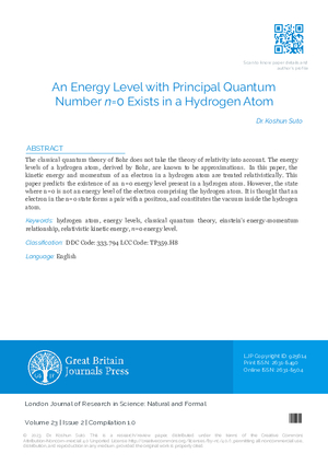 An Energy Level with Principal Quantum Number n=0 Exists in a Hydrogen Atom
