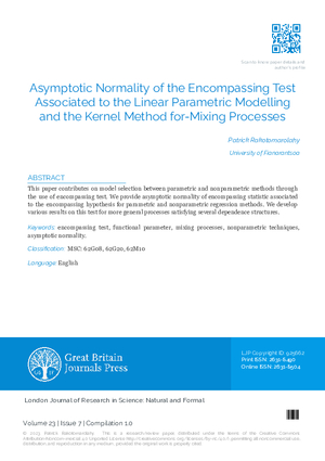 Asymptotic Normality of the Encompassing Test Associated to the linear Parametric Modelling and the Kernel Method for ?-Mixing Processes