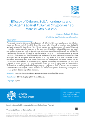 Efficacy of Different Soil Amendments and Bio-Agents Against Fusarium Oxysporum f. sp. Lentis in Vitro & in Vivo