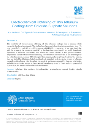 Electrochemical Obtaining of Thin Tellurium Coatings From Chloride Sulphate Solutions