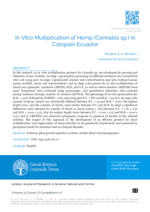 In Vitro Multiplication of Hemp (Cannabis sp.) in Cotopaxi-Ecuador