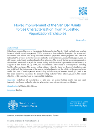 Novel Improvement of the Van Der Waals Forces Characterization from Published Vaporization Enthalpies