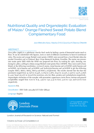 Nutritional Quality and Organoleptic Evaluation of Maize/ Orange Fleshed Sweet Potato Blend  Complementary Food