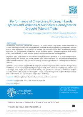 Performance of CMS-Lines, R-Lines, Inbreds, Hybrids and Varieties of Sunflower Genotypes for Drought Tolerant Traits