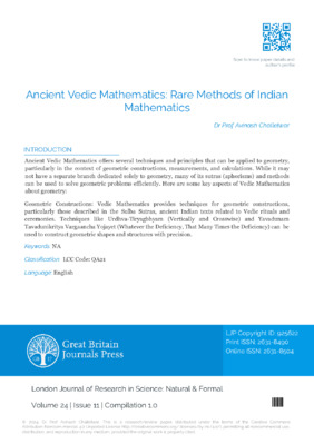 Ancient Vedic Mathematics: Rare Methods of Indian Mathematics
