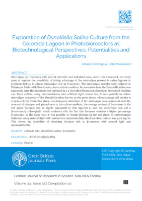 Exploration of Dunalliella Salina Culture from the Colorada