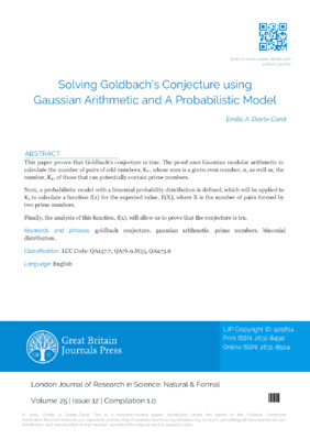Solving Goldbach's Conjecture using Gaussian Arithmetic and a Probabilistic Model