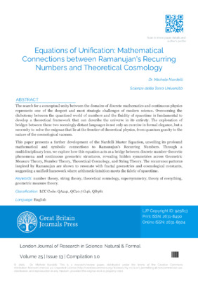Equations of Unification: Mathematical Connections between Ramanujan's Recurring Numbers and Theoretical Cosmology