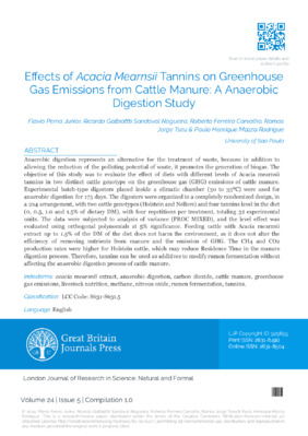  Effects of Acacia Mearnsii Tannins on Greenhouse Gas Emissions from Cattle manure: A Anaerobic Digestion Study