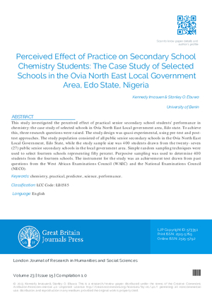 Perceived Effect of Practice on Secondary School Chemistry Students: the Case Study of Selected Schools in the Ovia North Eastlocal Government Area, Edo State, Nigeria.