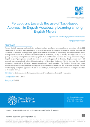 Perceptions towards the use of Task-based Approach in English Vocabulary Learning among English Majors