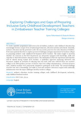Exploring Challenges and Gaps of Preparing Inclusive Early Childhood Development Teachers in Zimbabwean Teacher Training Colleges