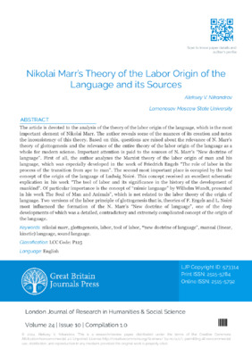 Nikolai Marr’s Theory of the Labor Origin of the Language and its Sources