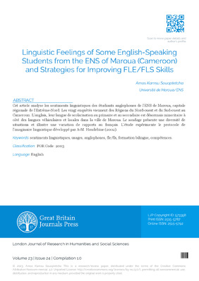 Linguistic Feelings of Some English-Speaking Students from the ENS of Maroua (Cameroon) and Strategies for Improving FLE/FLS Skills