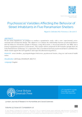 Psychosocial Variables Affecting the Behavior of Street Inhabitants in Five Panamanian Shelters Miguel A. Cañizales M.